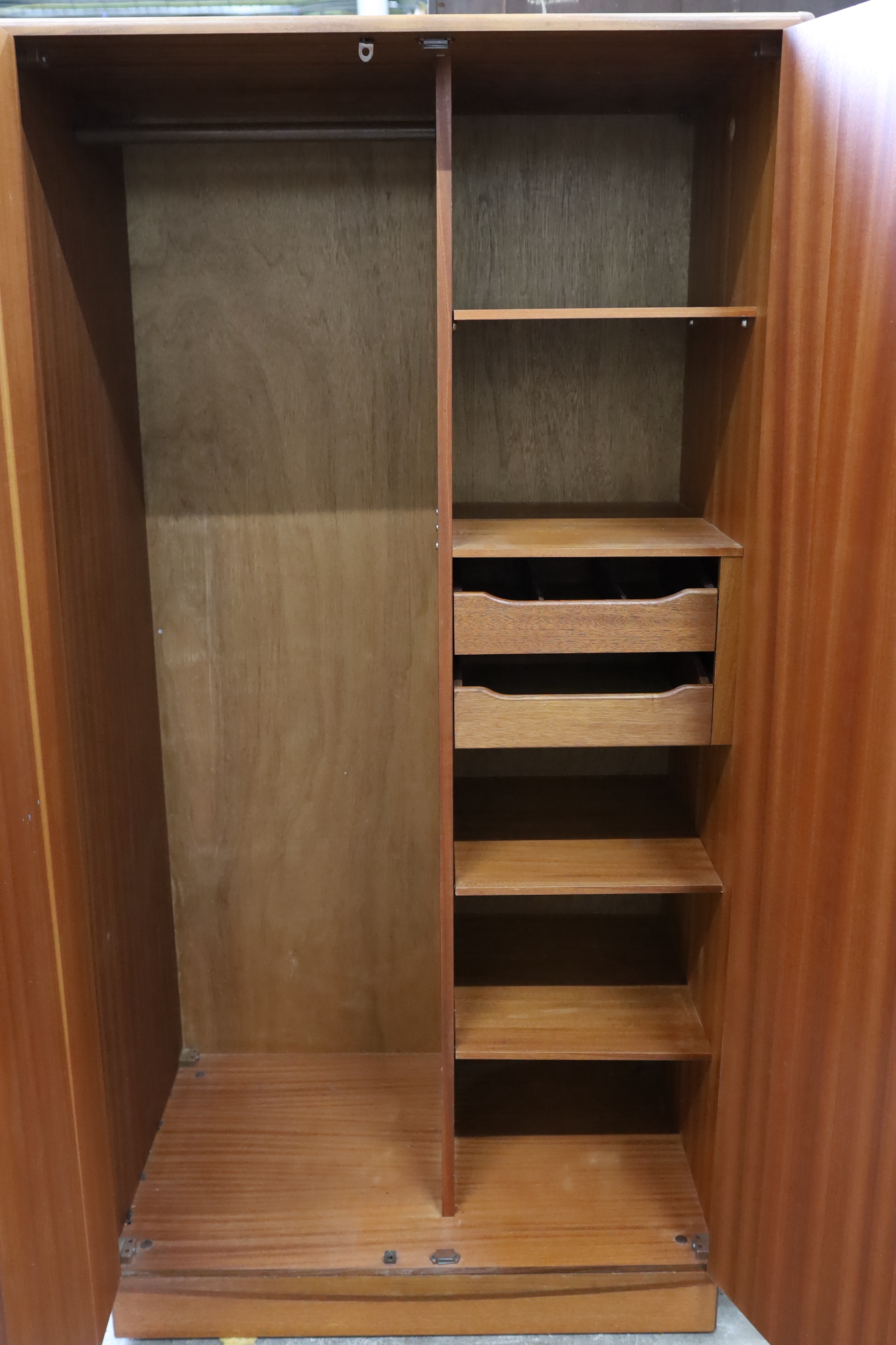 A mid century G Plan Fresco teak three piece bedroom suite, wardrobe width 91cm, depth 59cm, height 177cm